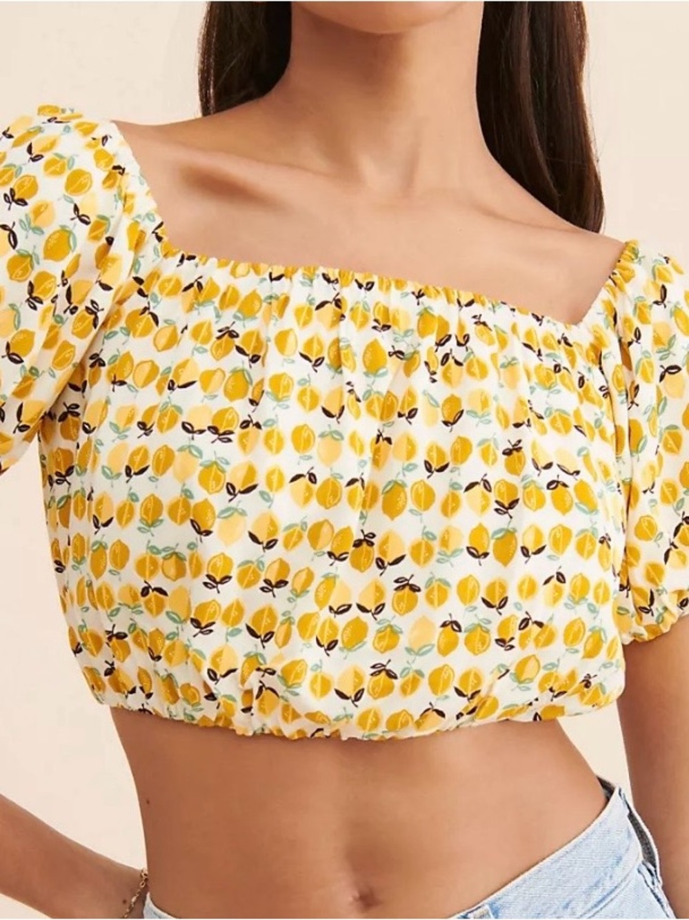 Anthropologie Yellow Lemon-Print Square Neck Crop Top